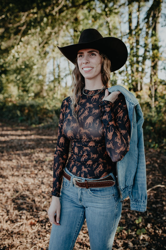 'Jenni' Horse Printed Long Sleeve Mesh Top (L only)
