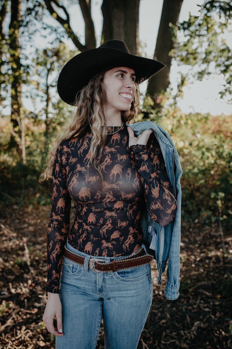 'Jenni' Horse Printed Long Sleeve Mesh Top (L only)