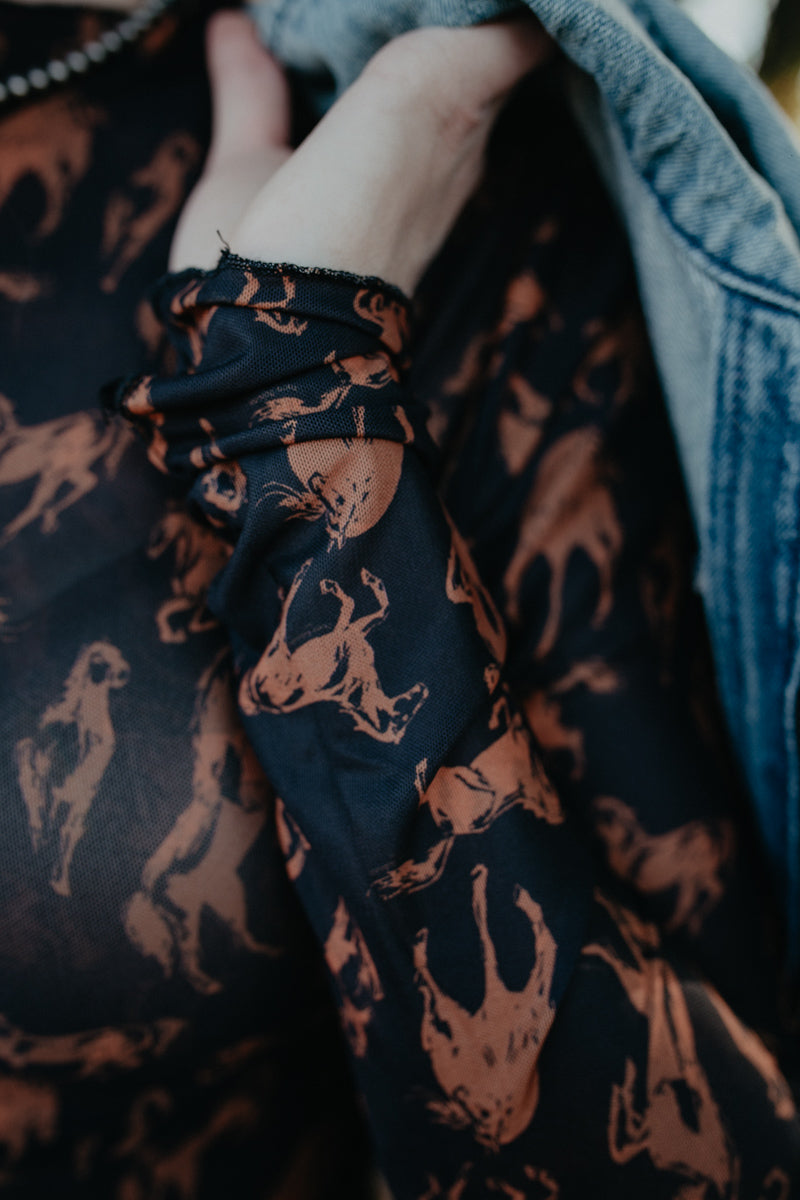 'Jenni' Horse Printed Long Sleeve Mesh Top (L only)