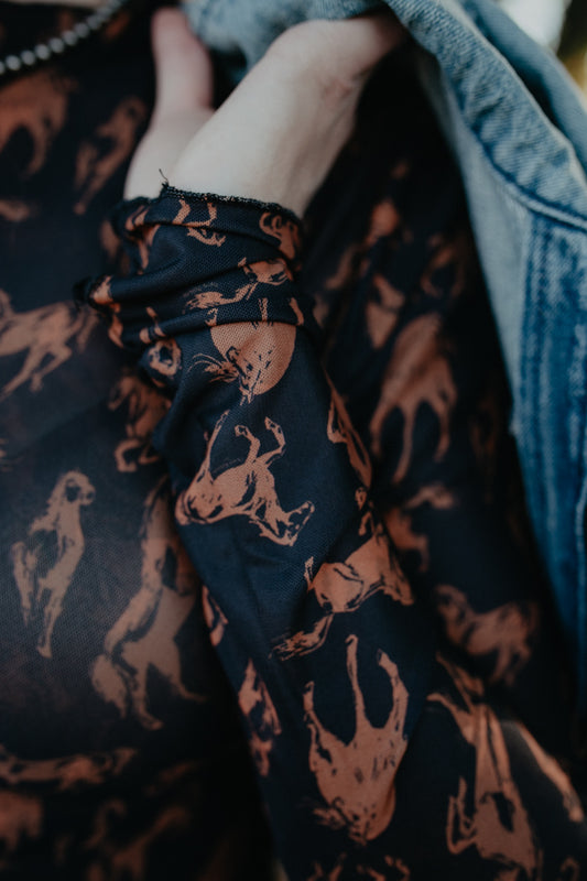 'Jenni' Horse Printed Long Sleeve Mesh Top (L only)