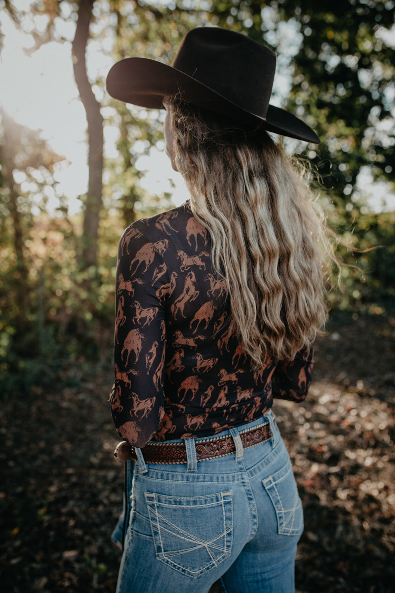 'Jenni' Horse Printed Long Sleeve Mesh Top (L only)