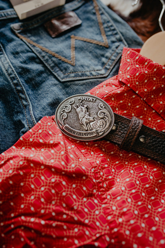 Kids Ariat Brown Leather Belt with Bull Riding Oval Buckle (20-28")