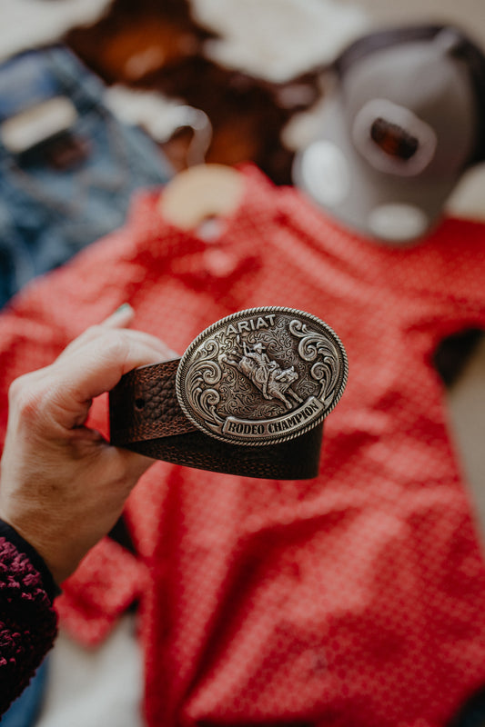 Kids Ariat Brown Leather Belt with Bull Riding Oval Buckle (20-28")