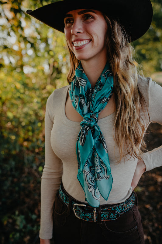 'Turqs and Conchos' Premium Silk 35x35" Wild Rags (Two Colours)