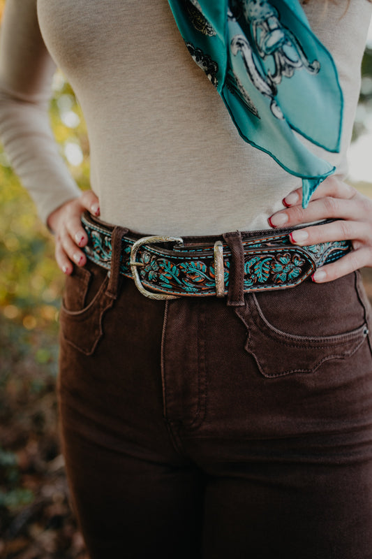 Brown Vintage Tooled Turquoise Leather Belt (Sizes 30-42)