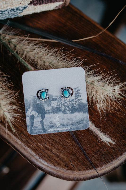 Oval Turquoise Earring with Beaded Silver Border