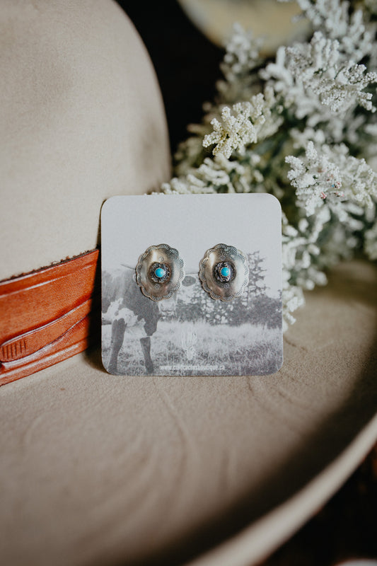 Turquoise Accented Oval Stamped Concho Earrings
