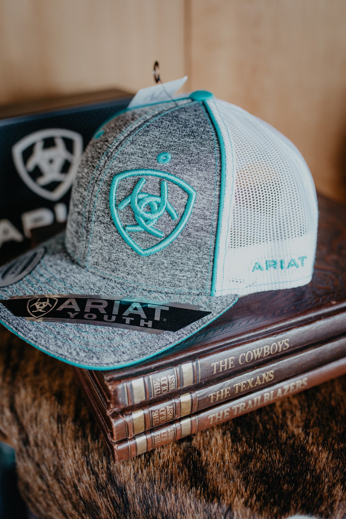 Ariat Logo YOUTH Heather Grey & Teal Ariat Shield Hat