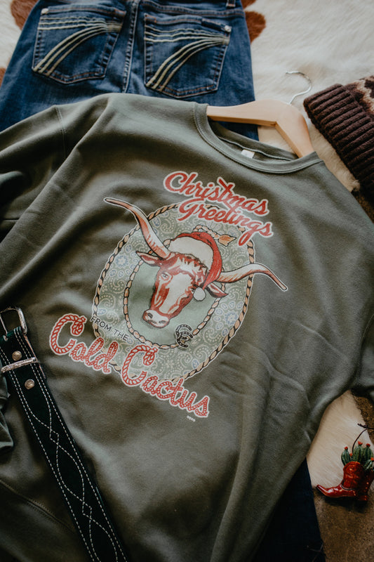 'Christmas Greetings from Cold Cactus' Green Sweater by XOXO Art & Co (S-XXL)