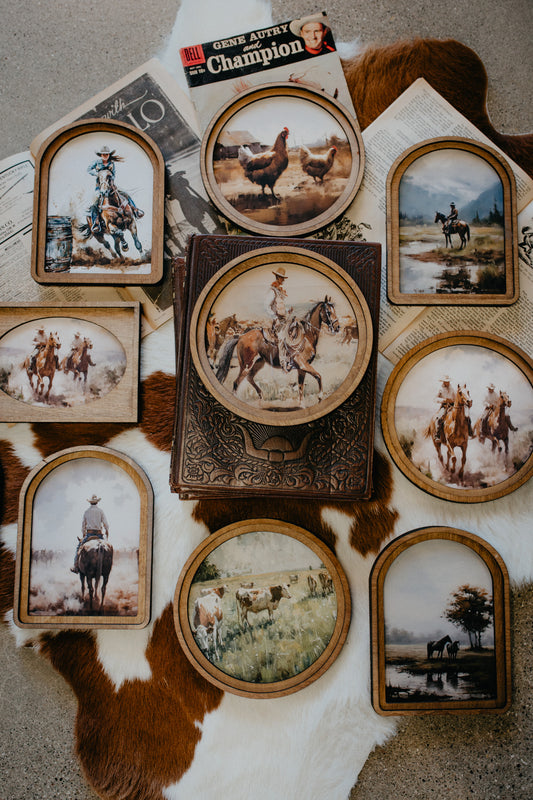 Mini Cowboys Wooden Framed Oval Artwork