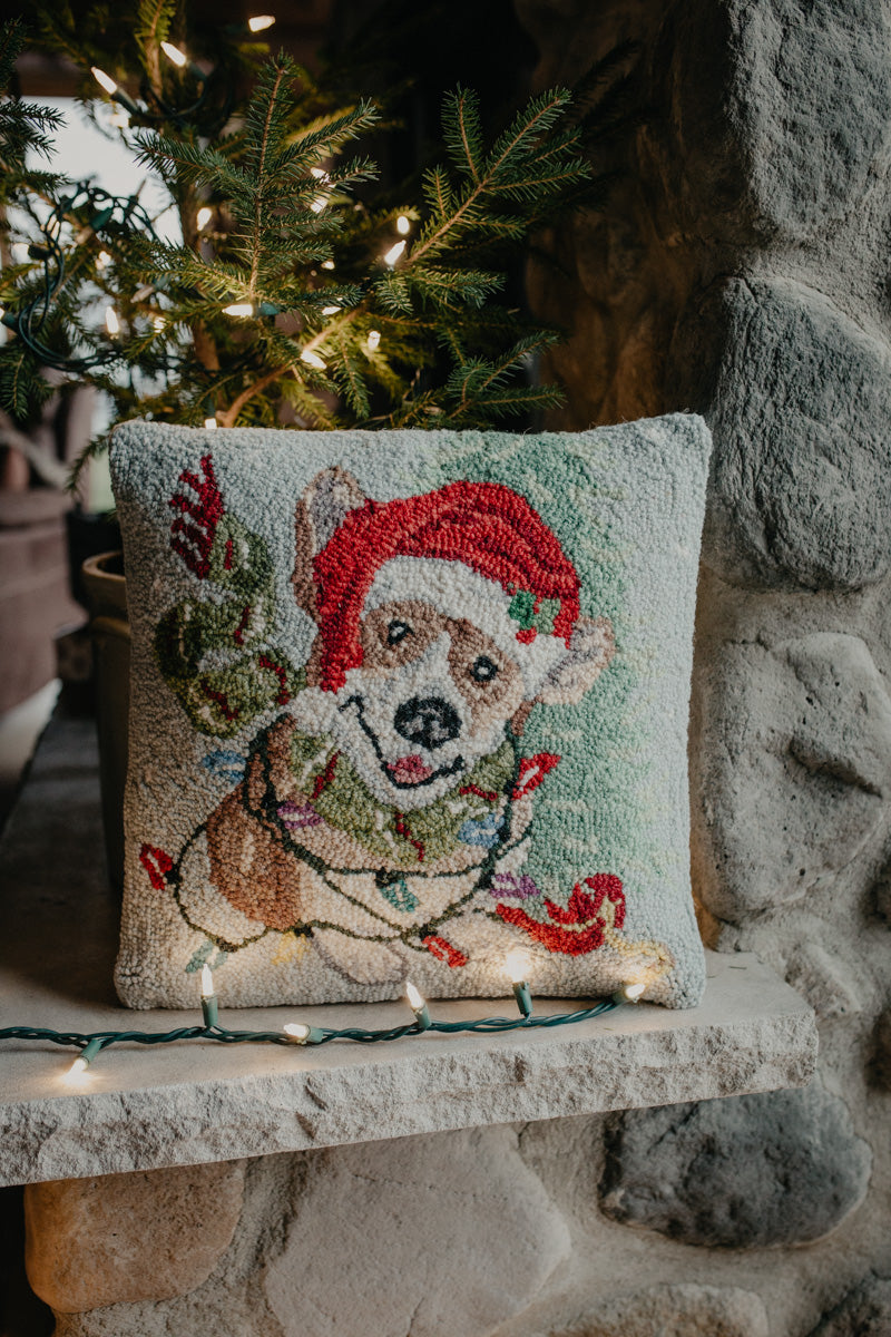 Christmas Corgi 16" Rug Hooked Pillow