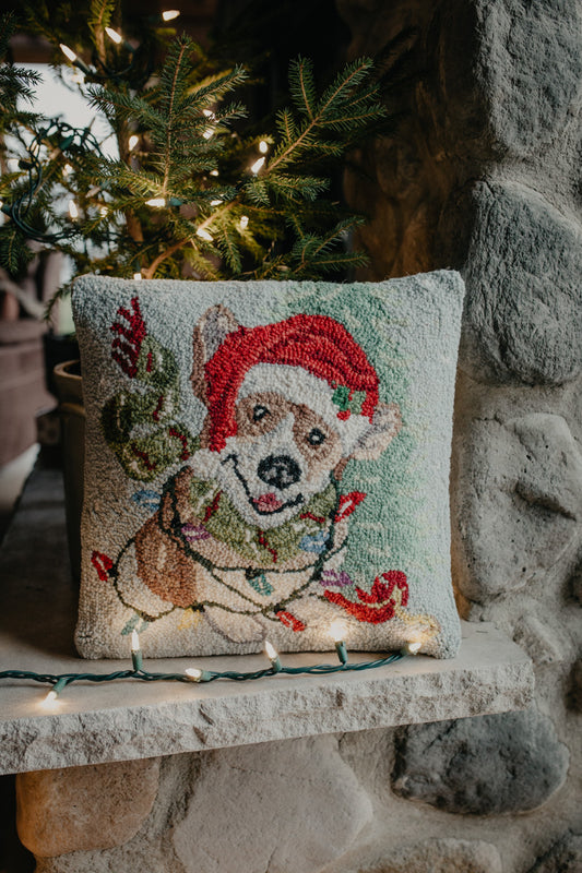Christmas Corgi 16" Rug Hooked Pillow