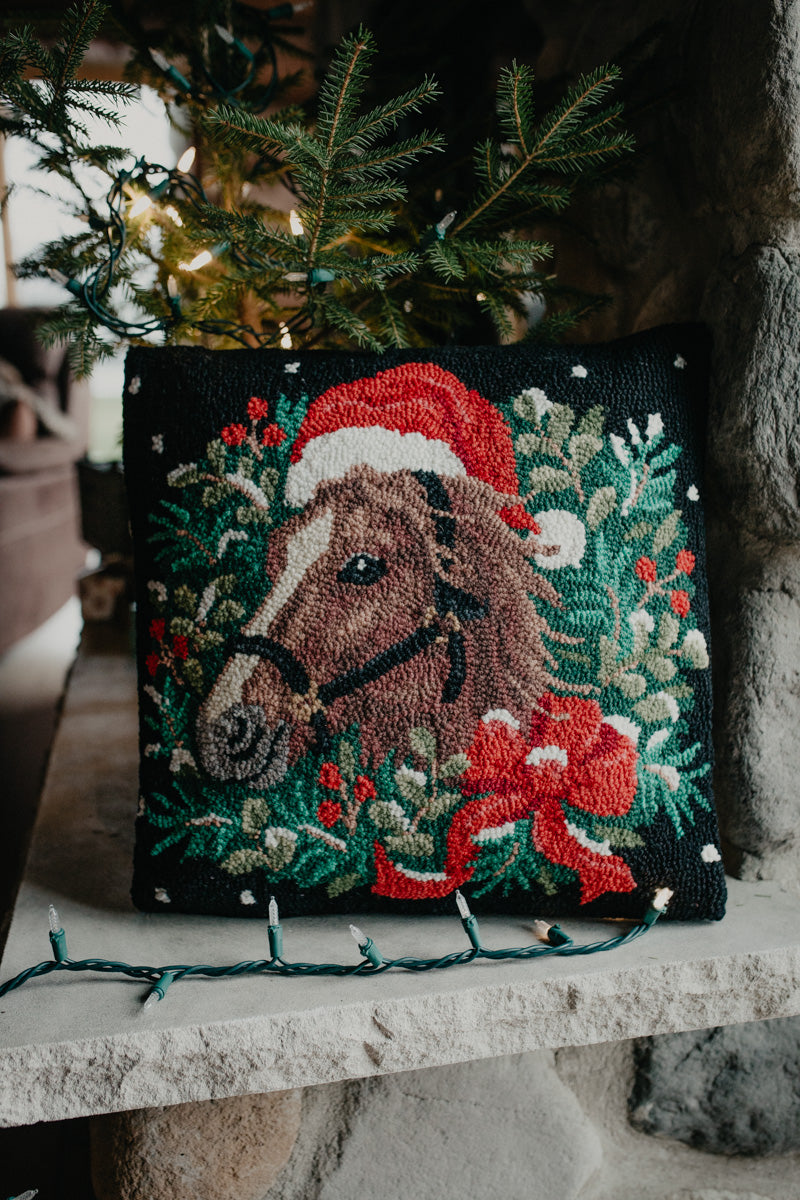 Holiday Horse 18" Rug Hooked Pillow