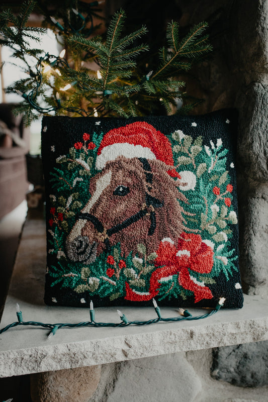 Holiday Horse 18" Rug Hooked Pillow