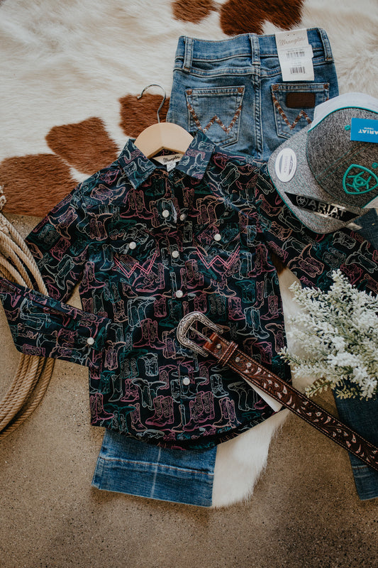 'Girly Boots' Wrangler Girl's Neon Boot Printed Pearl Snap (XS-XL)