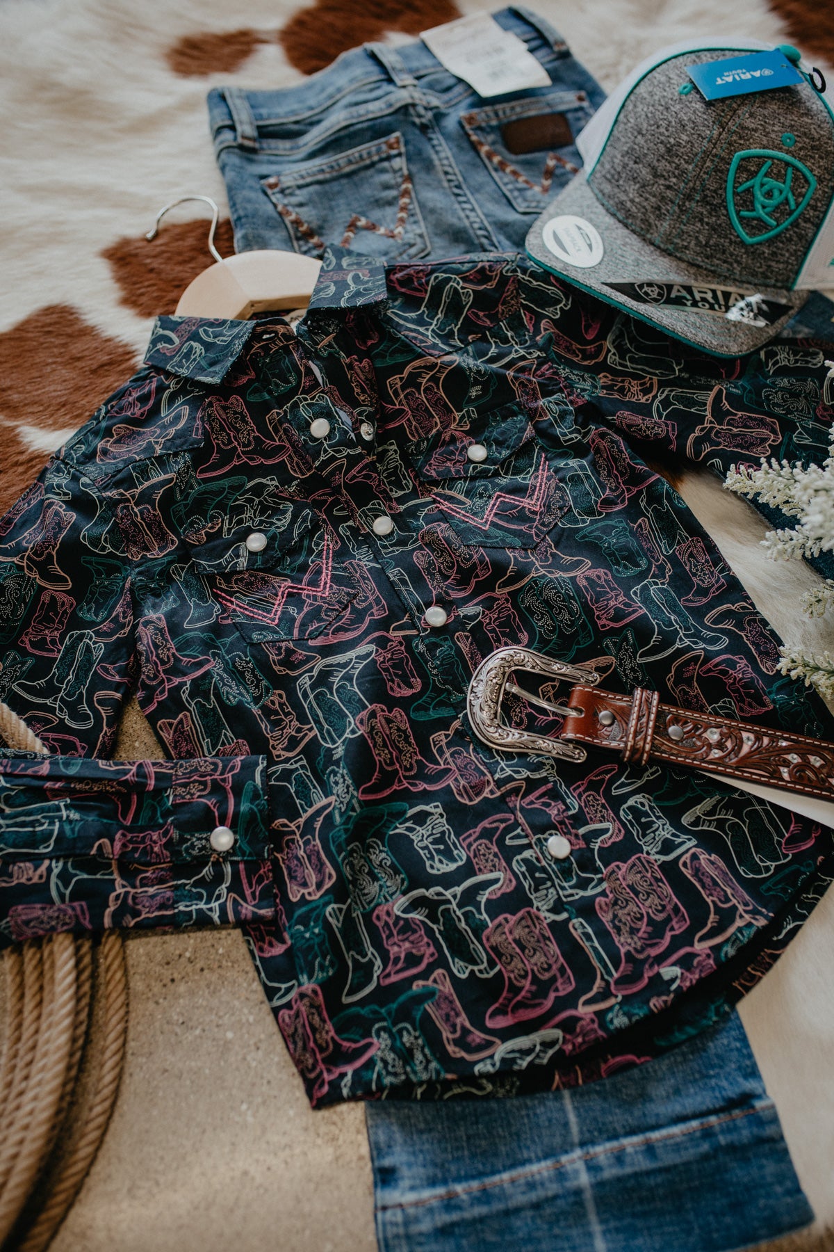 'Girly Boots' Wrangler Girl's Neon Boot Printed Pearl Snap (XS-XL)