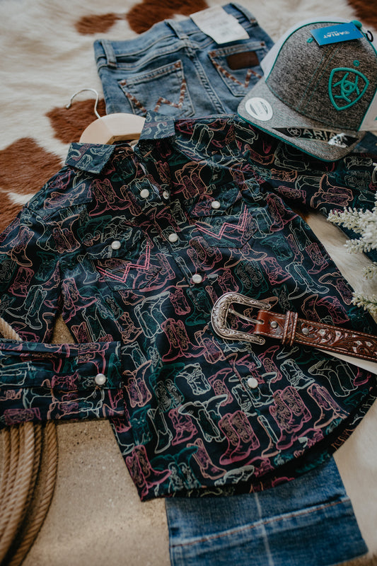 'Girly Boots' Wrangler Girl's Neon Boot Printed Pearl Snap (XS-XL)