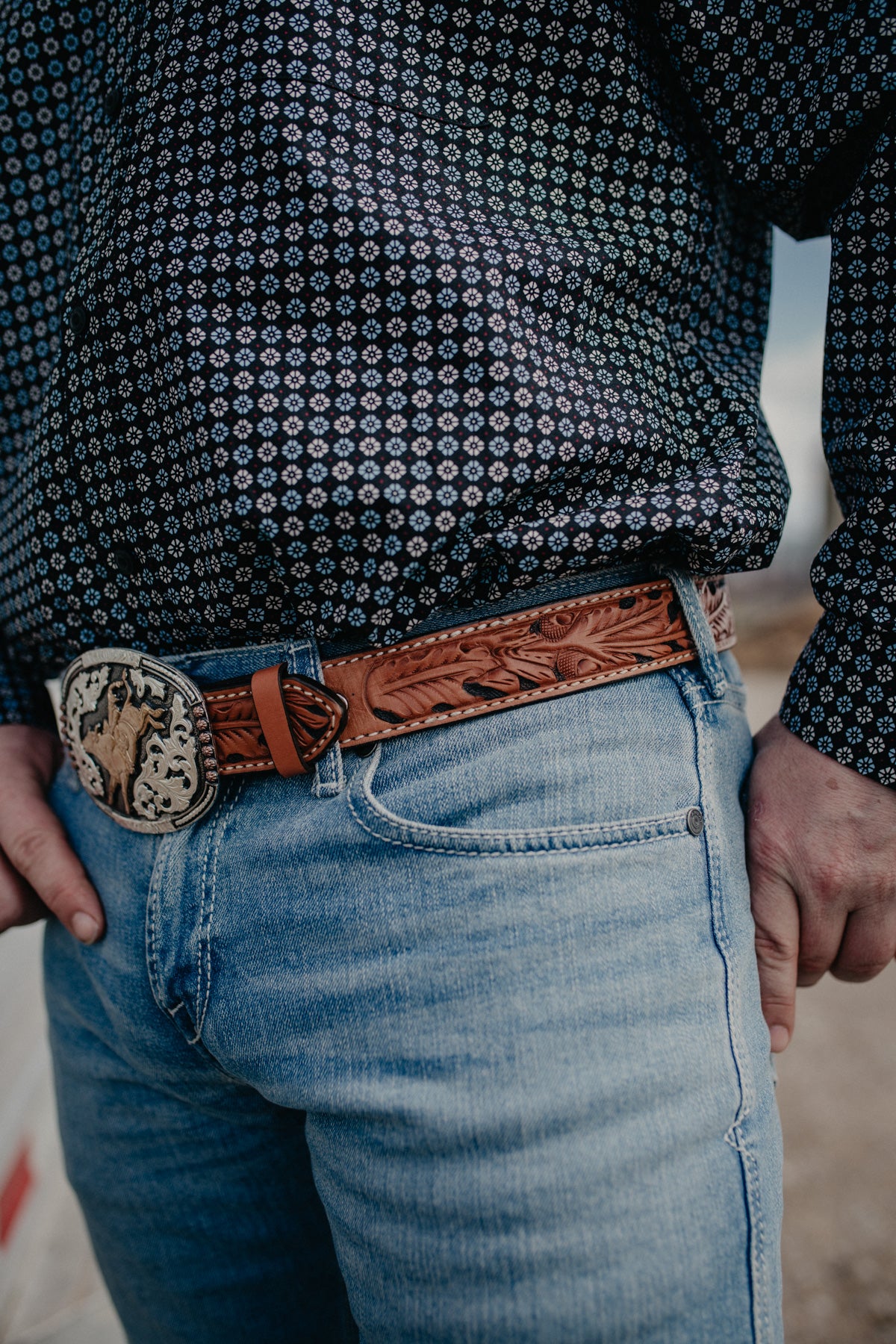 Leather Tooled Oak Leaf Belt by Alamo Saddlery