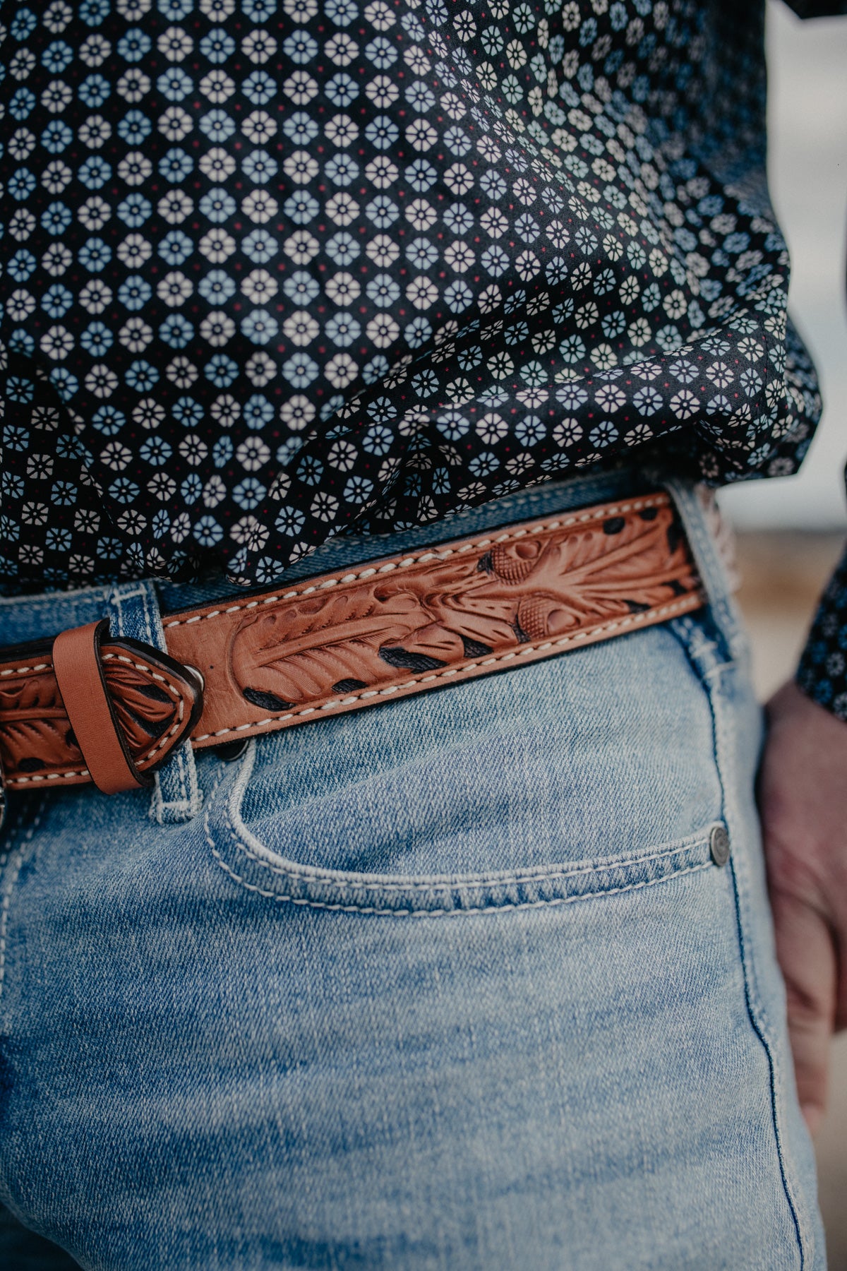 Leather Tooled Oak Leaf Belt by Alamo Saddlery