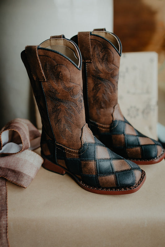 Roper Kids Wide Square Toe Boots {Black/ Tan Faux Leather Patchwork}