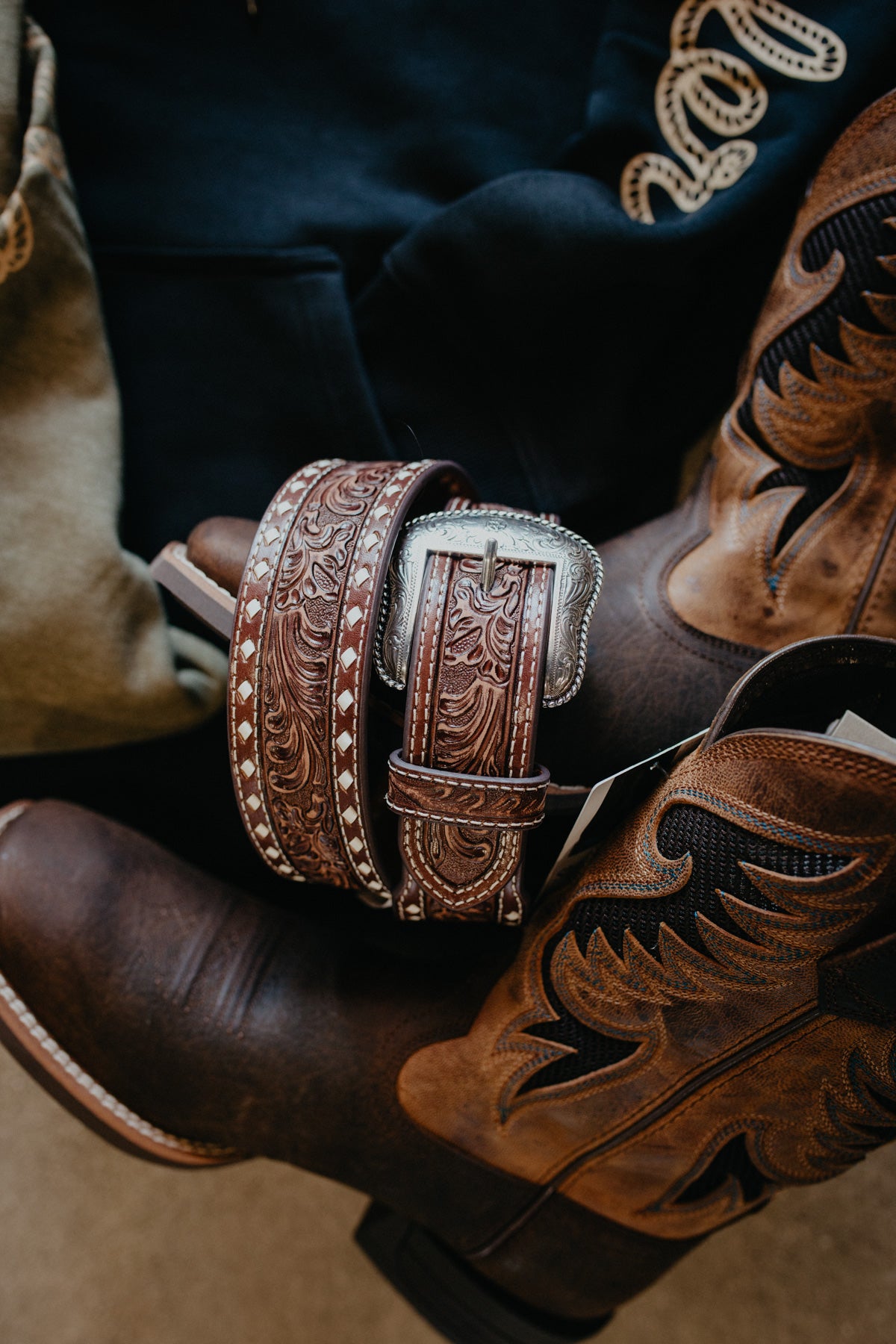 Men's Floral Leather Belt with White Whipstitch