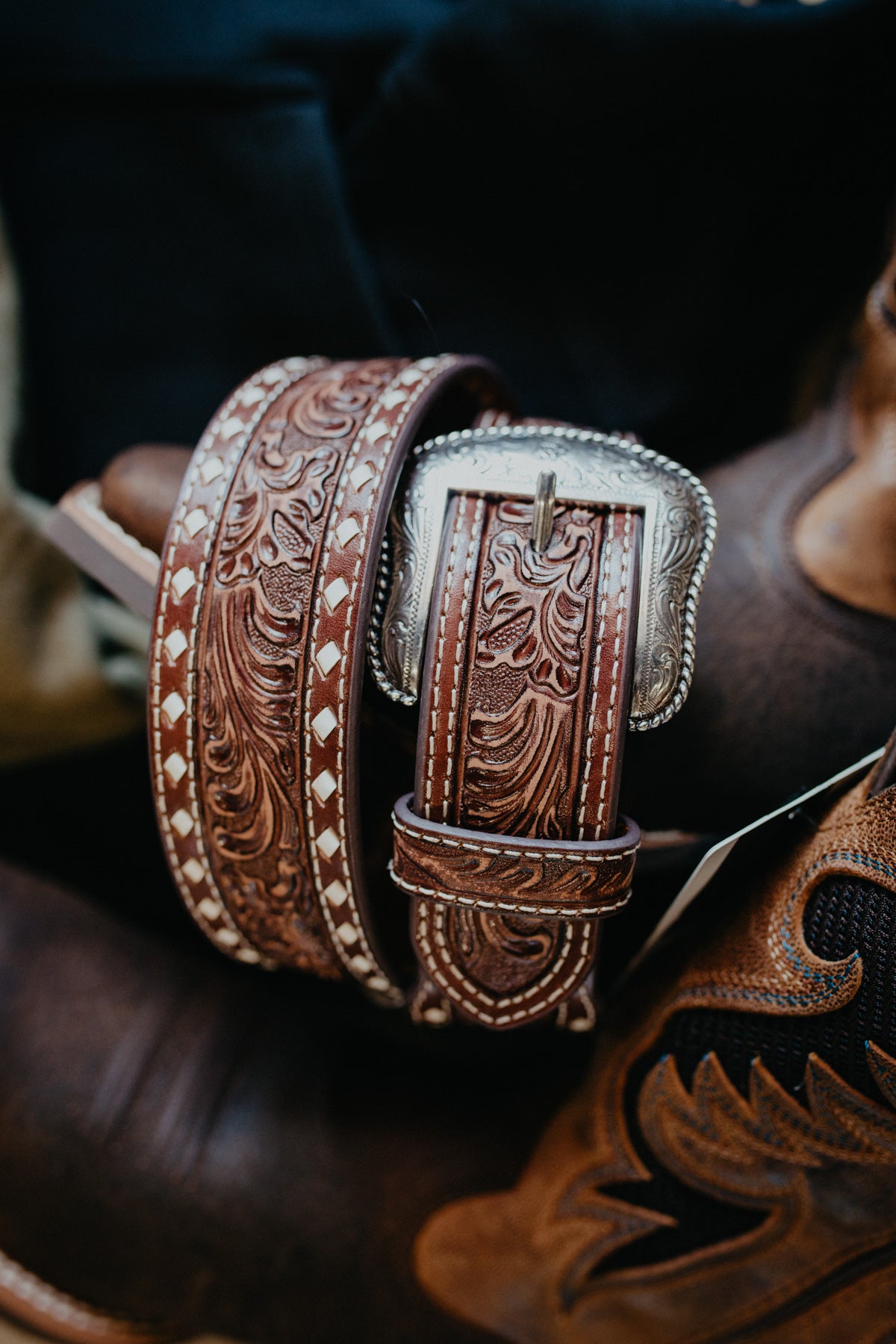 Men's Floral Leather Belt with White Whipstitch