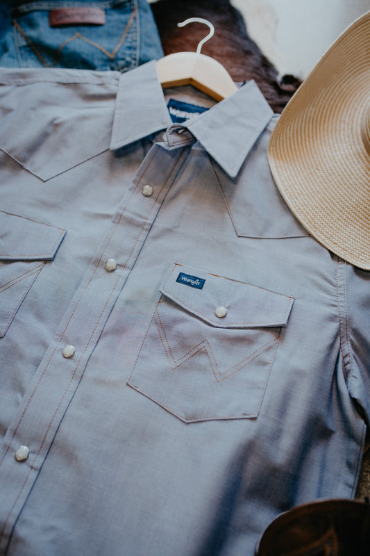 'Kenny' Men's Wrangler Chambray Short Sleeve Pearl Snap (S-XXL)