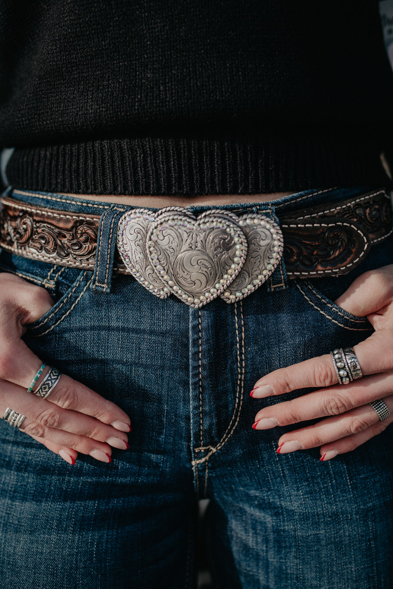 Triple Heart Buckle With Rhinestone Detail