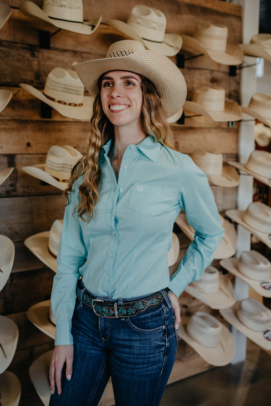 'Linda' Women's Solid Turquoise Long Sleeve Button Down (XS-XXL)