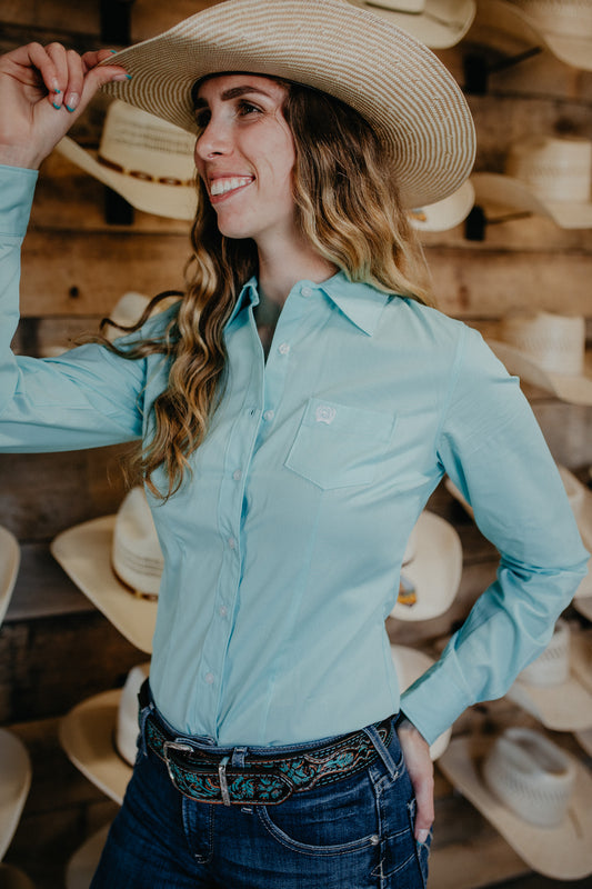 'Linda' Women's Solid Turquoise Long Sleeve Button Down (XS-XXL)