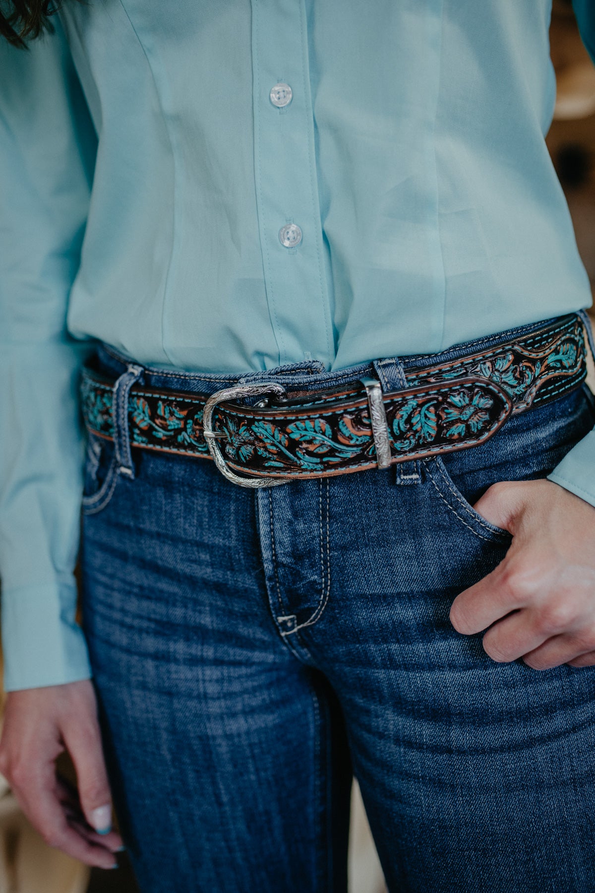 Brown Vintage Tooled Turquoise Leather Belt (Sizes 30-42)