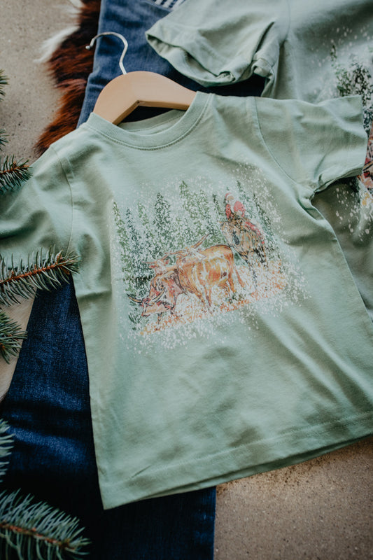 'Santa Herding Longhorns' Kid's Sage T-Shirt (2T- Youth L)