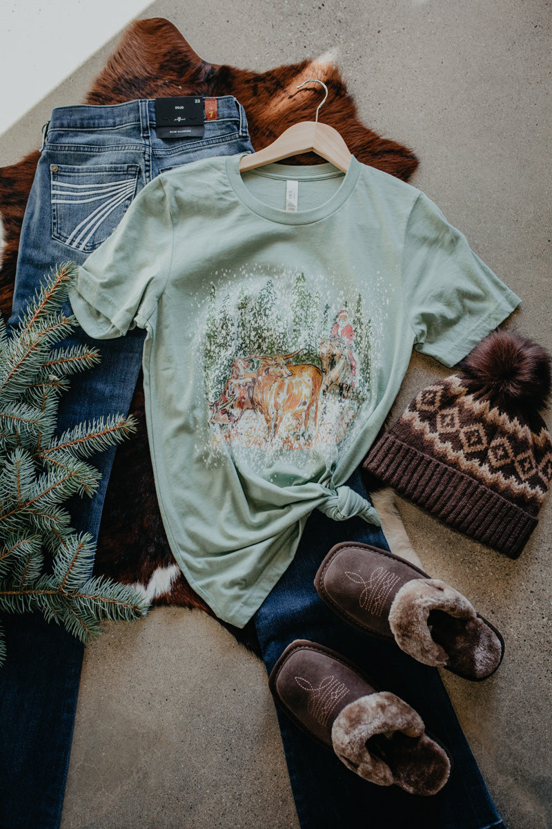 'Santa Herding Longhorns' ADULT Sage T-Shirt (S-XXL)