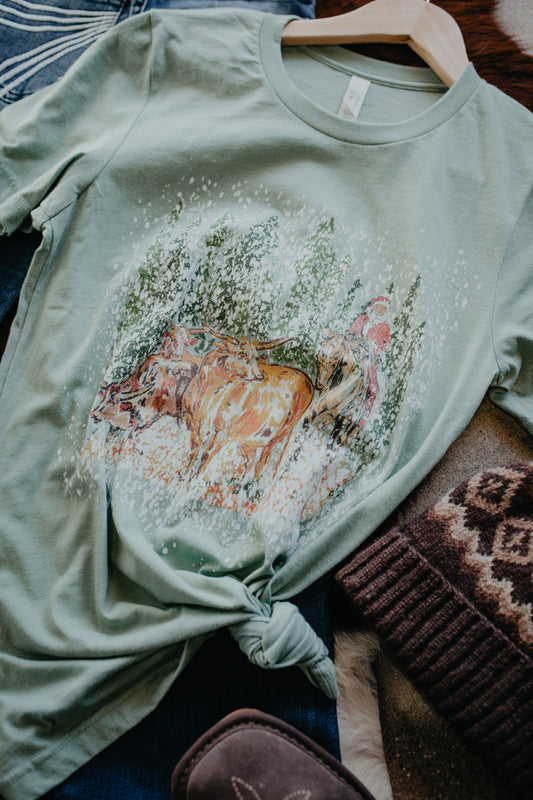 'Santa Herding Longhorns' ADULT Sage T-Shirt (S-XXL)