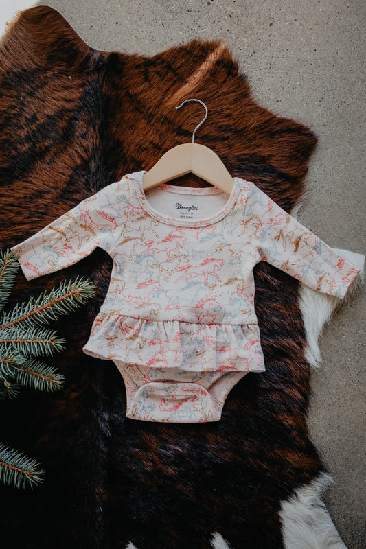 'Petra' Wrangler Baby Girl Long Sleeve Onesie Pink Horse (0-3M-24M)