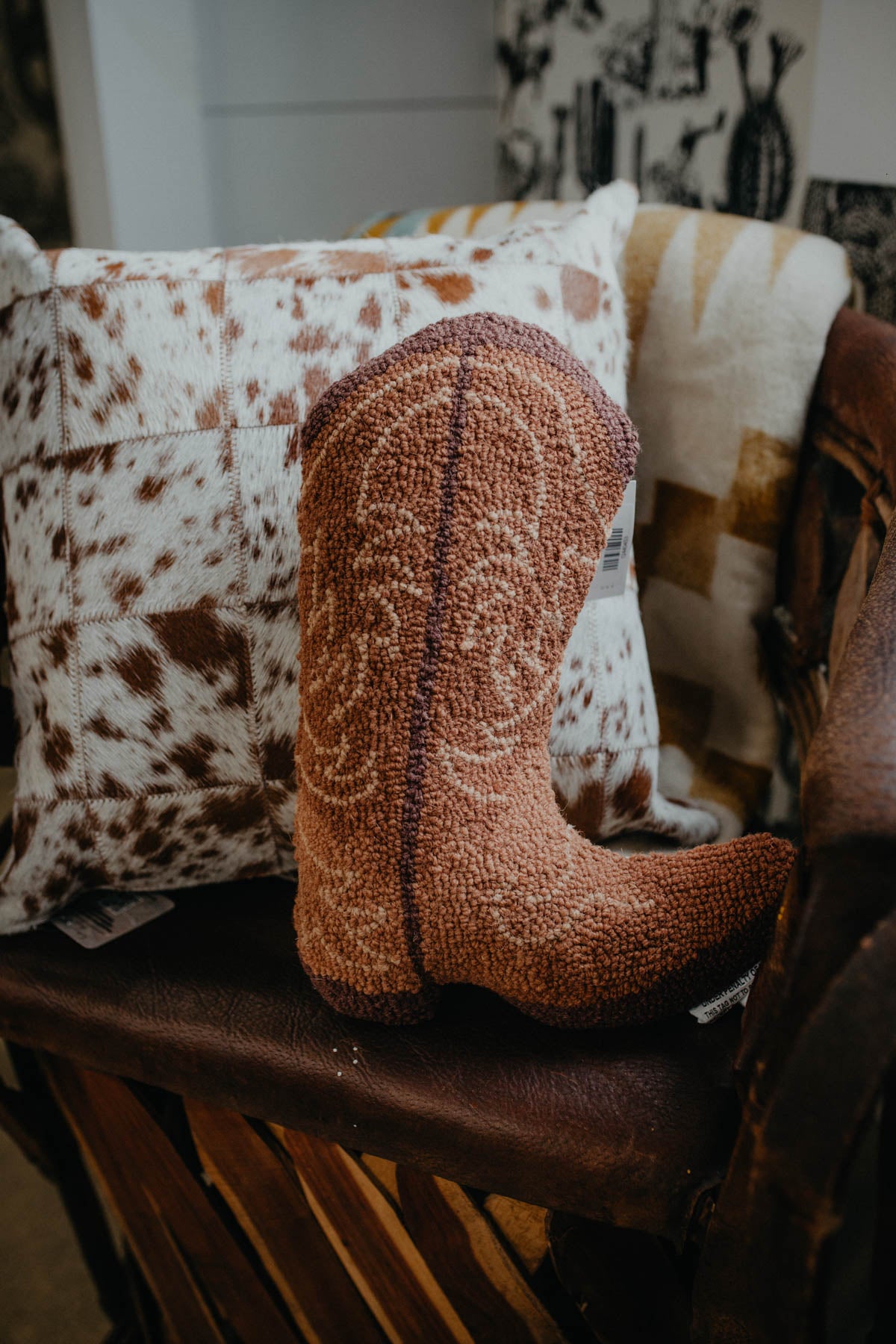 Brown Cowboy Boot Rug Hooked Accent Pillow