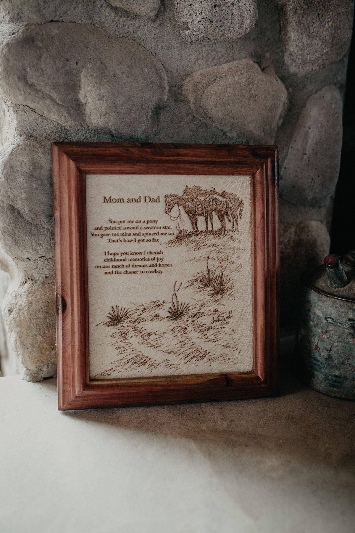 "Mom & Dad" Cowhide Sign with Custom Cedar Frame (10X12)