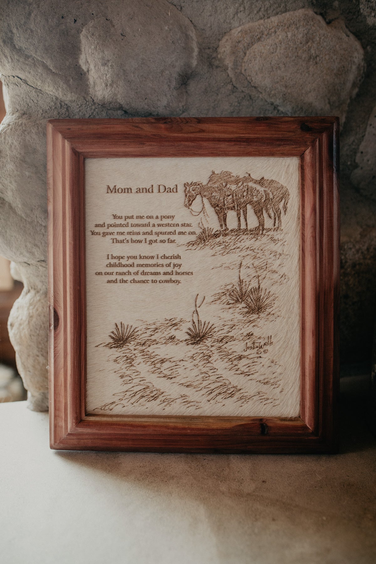 "Mom & Dad" Cowhide Sign with Custom Cedar Frame (10X12)