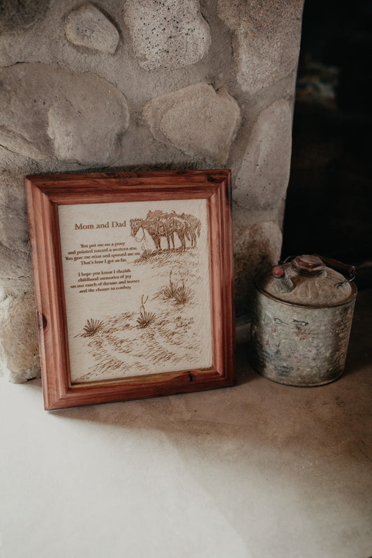 "Mom & Dad" Cowhide Sign with Custom Cedar Frame (10X12)