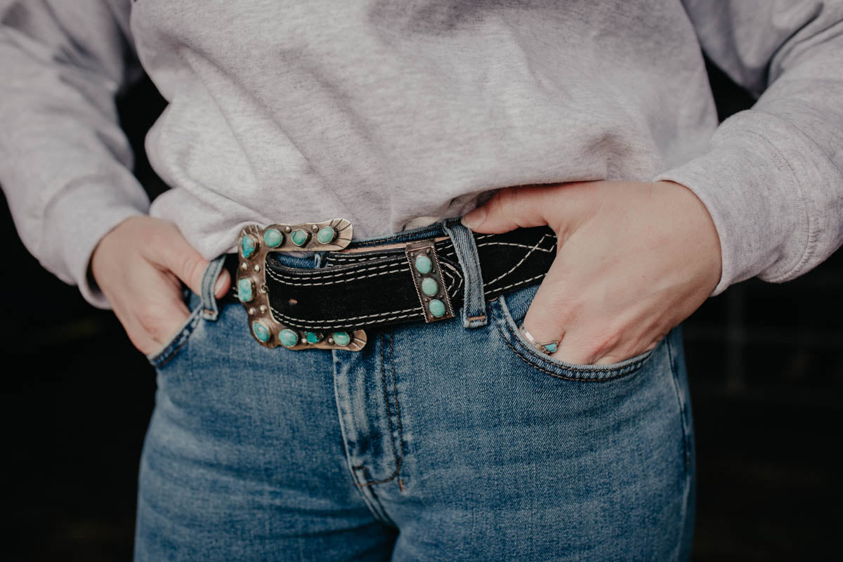 Rope Edge Belt Keeper German Silver with Turquoise Stones by Paige Wallace