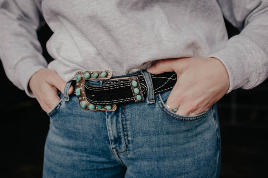 Rope Edge Belt Keeper German Silver with Turquoise Stones by Paige Wallace