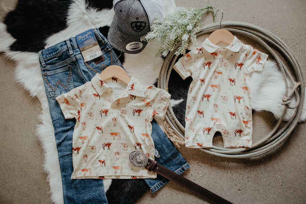 'Longhorn Cows' Polo (Romper & Shirt Options)