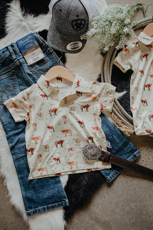 'Longhorn Cows' Polo (Romper & Shirt Options)