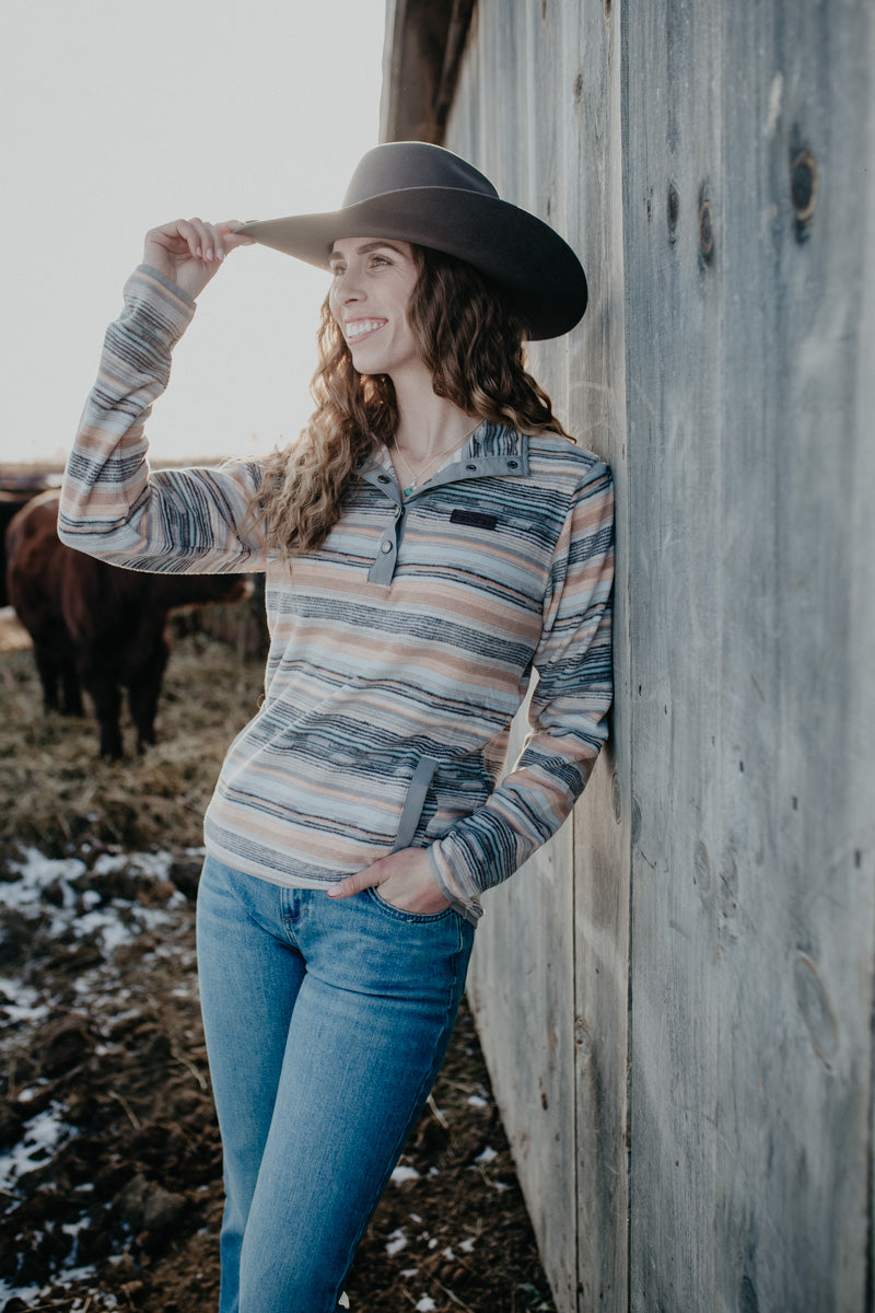 'Phoebs' Women's CINCH Peach & Grey Striped Fleece Pullover (XS - XXL)