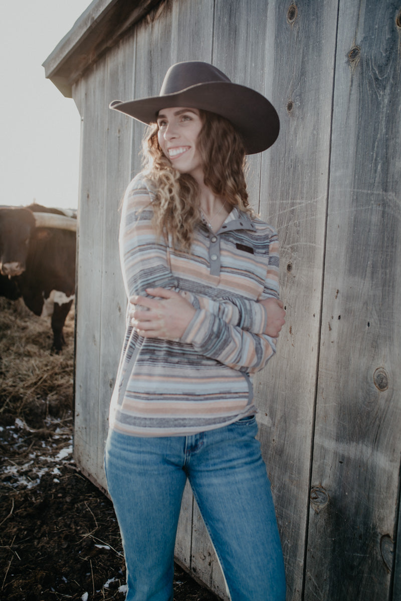 'Phoebs' Women's CINCH Peach & Grey Striped Fleece Pullover (XS - XXL)