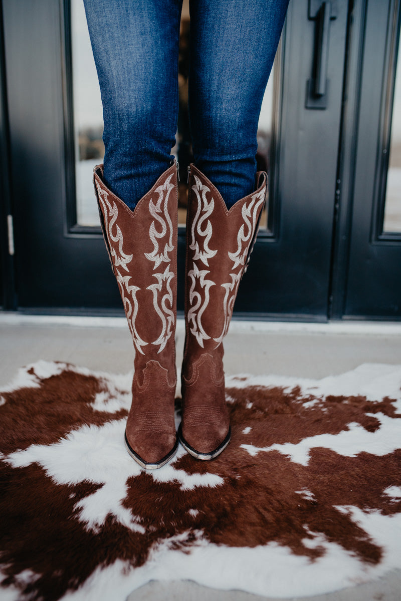 'Mia' Chocolate Suede Tall Studded Boot (Size 6-11, B & C Widths)