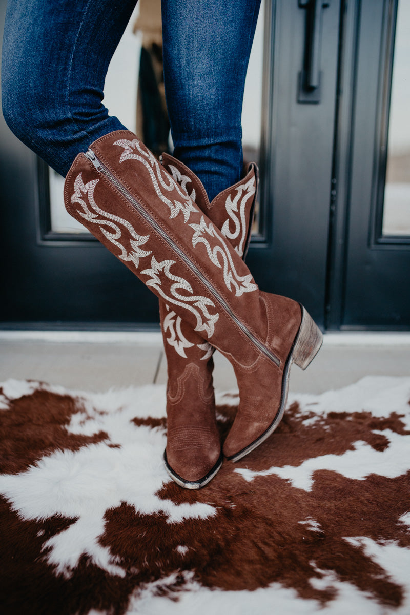 'Mia' Chocolate Suede Tall Studded Boot (Size 6-11, B & C Widths)