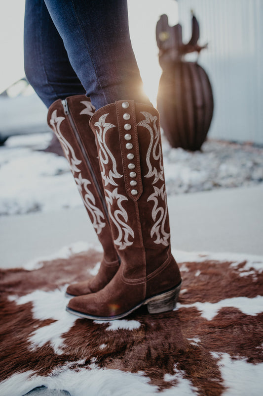 'Mia' Chocolate Suede Tall Studded Boot (Size 6-11, B & C Widths)