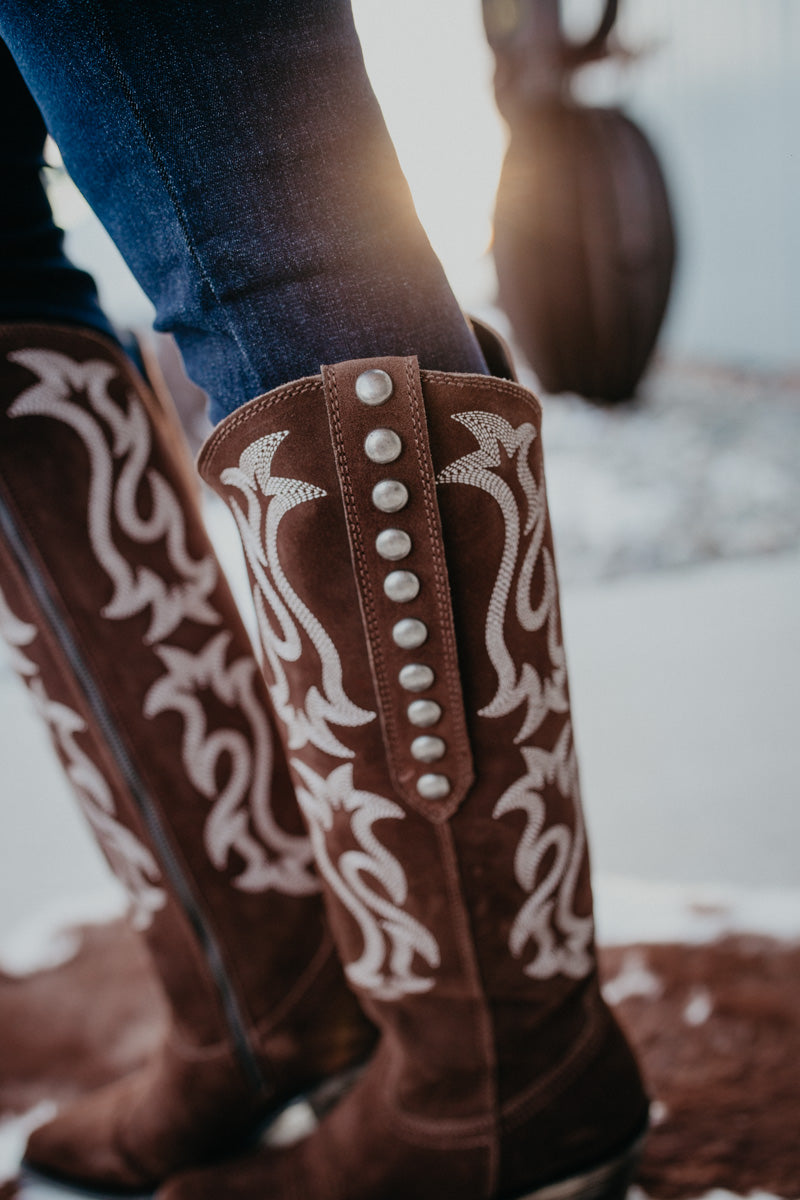 'Mia' Chocolate Suede Tall Studded Boot (Size 6-11, B & C Widths)