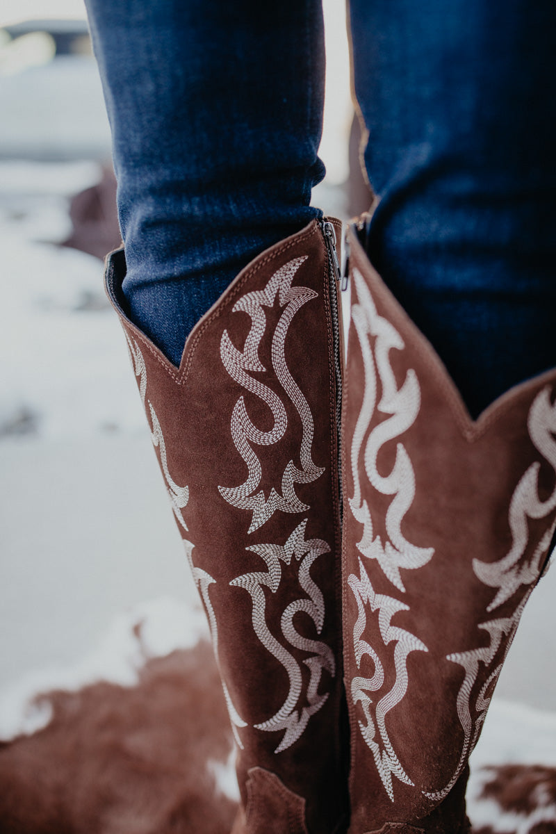 'Mia' Chocolate Suede Tall Studded Boot (Size 6-11, B & C Widths)